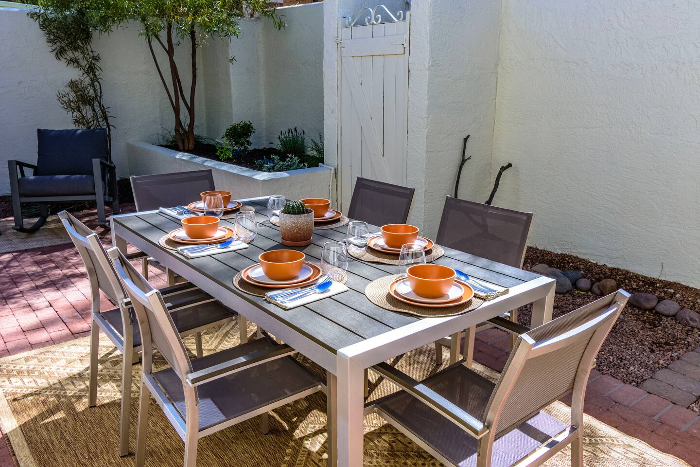 Back patio dining with seating for six.
