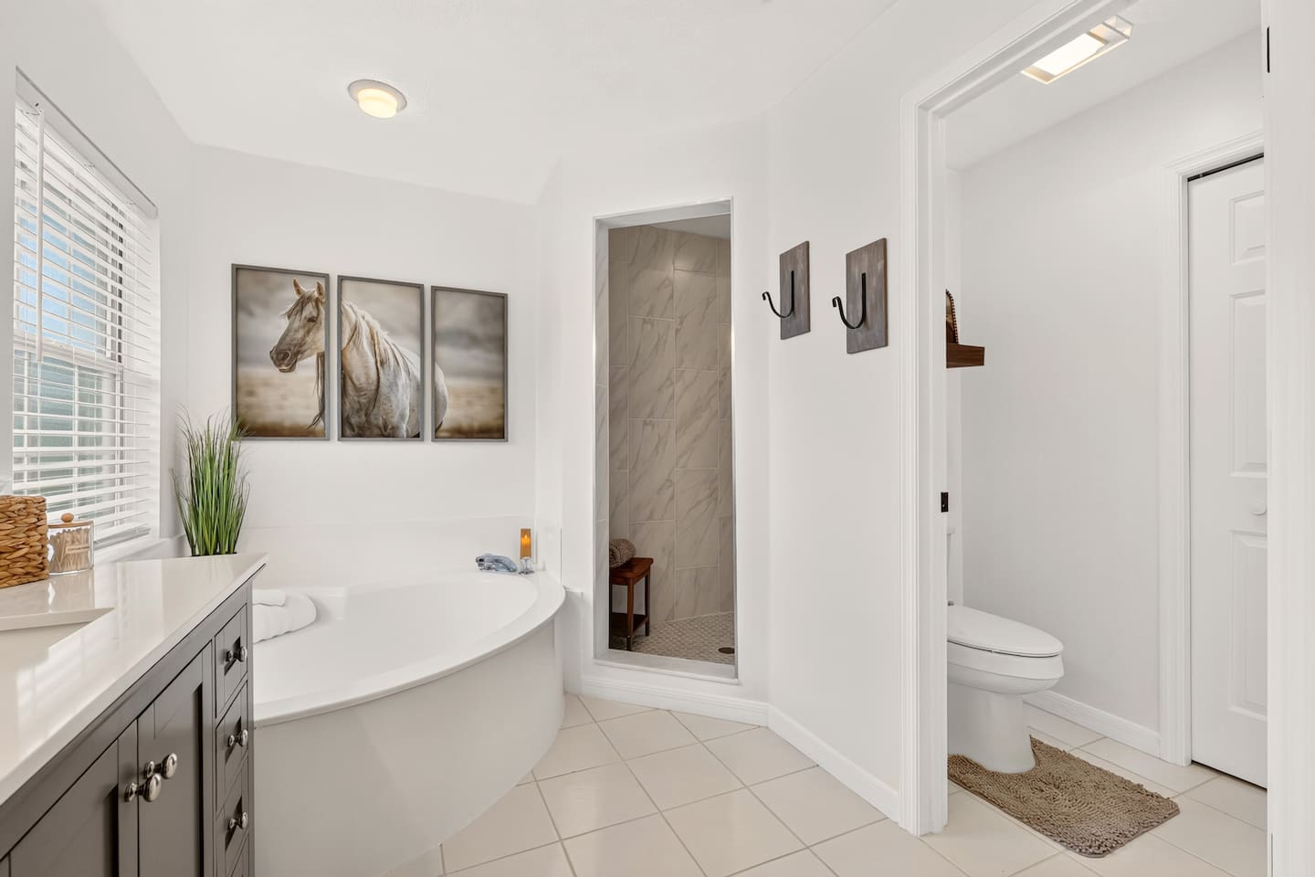 The master bathroom features a large double sink, an oversized garden tub, a walk in shower, and a private toilet room.