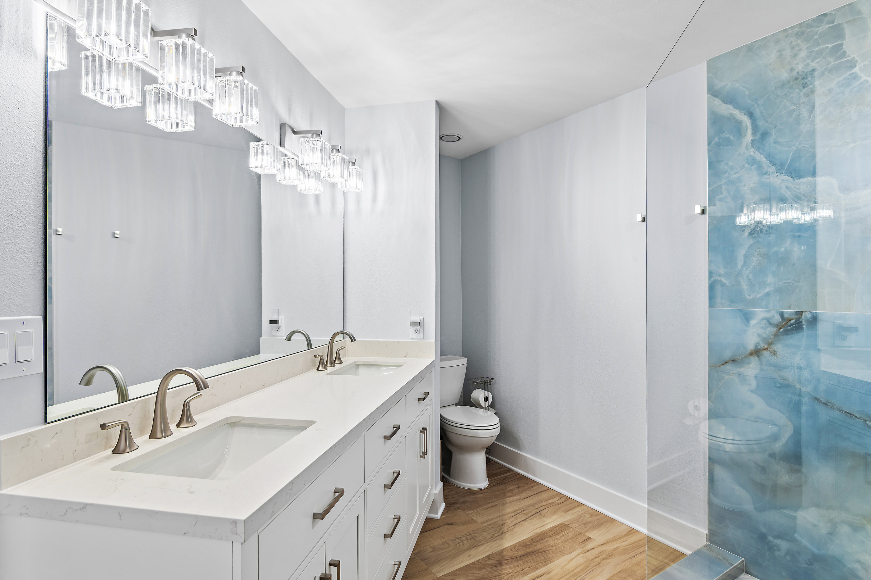 Master bathroom with a walk-in shower and double vanity