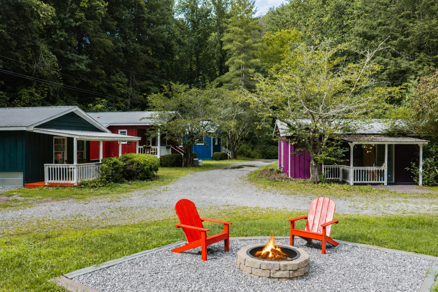 Outdoor Fire Pit Retreat: Gather 'round vibrant chairs for cozy chats and starlit memories!