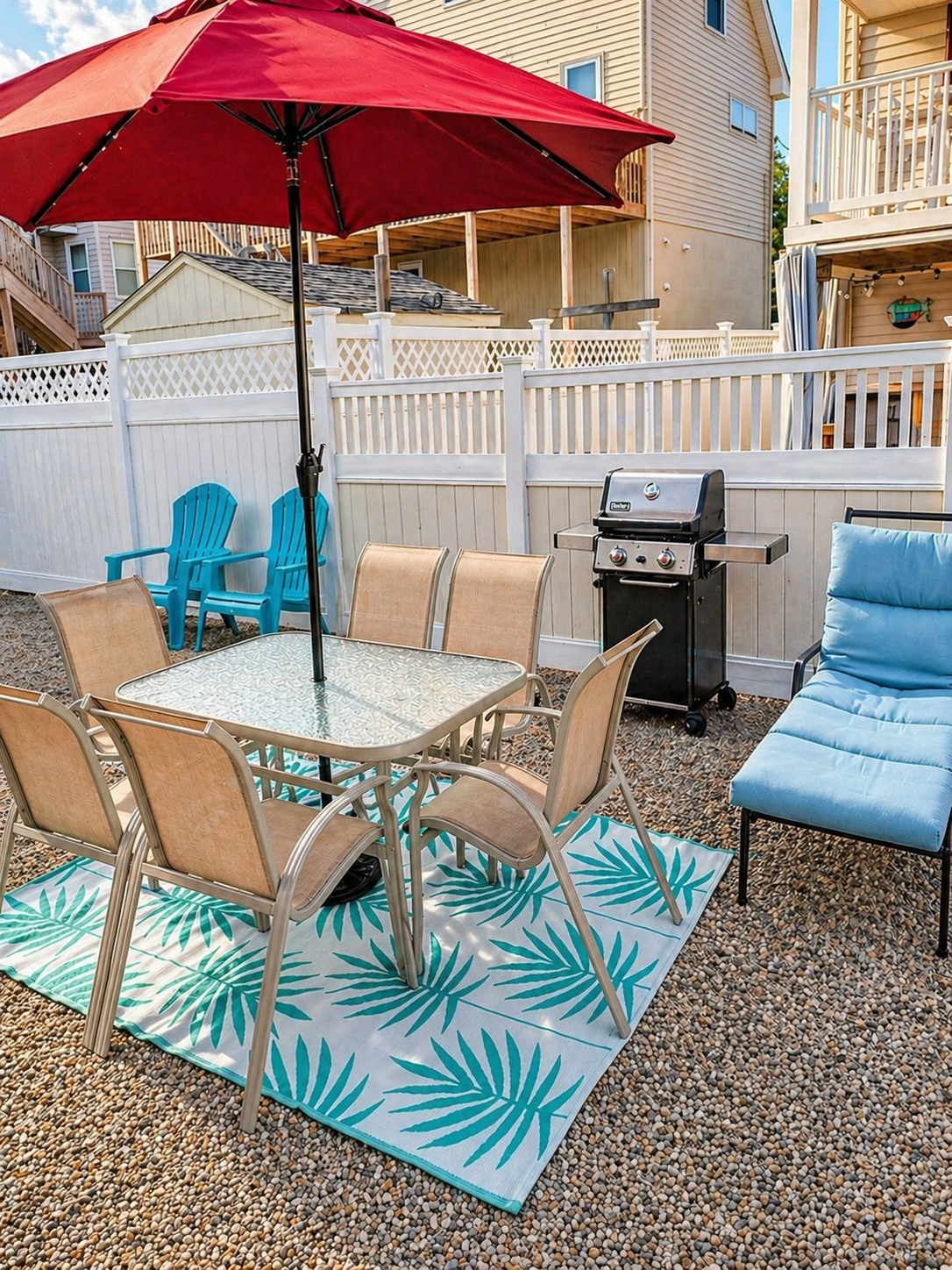 Large back yard with ample seating, dining areas and 2 BBQ gas grills.