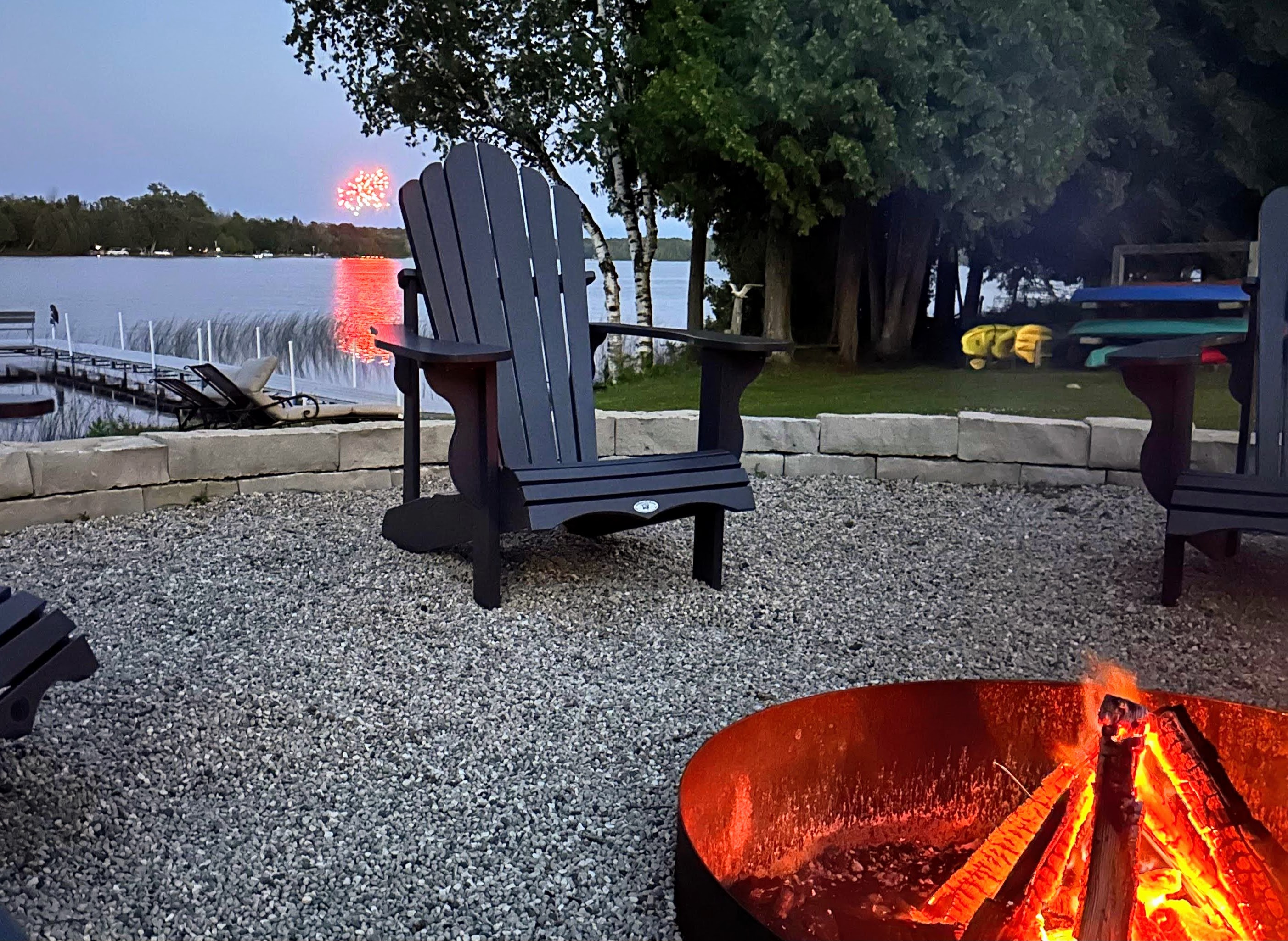 Enjoy bonfire nights with a front-row seat to lakeside fireworks.
