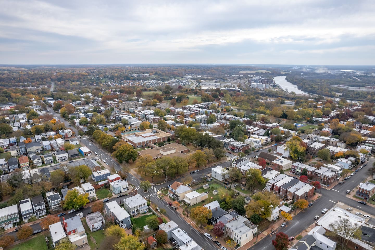 Neighborhood Views: Stunning aerial sights of Richmond's historic charm and vibrant greenery await!