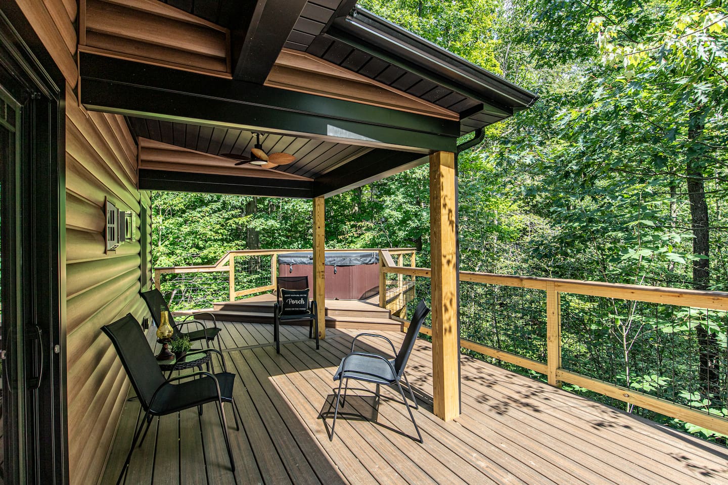 The perfect blend of comfort and nature. Take some time to sit back and relax. Enjoy the elevated hot tub and refreshing outdoor shower. The hammock built into the deck floor provides a unique experience to help you unwind amongst the trees.