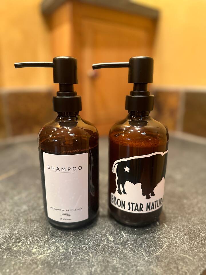 You will find full size shampoo, conditioner and body wash in every bathroom from local business Bison Star Naturals.