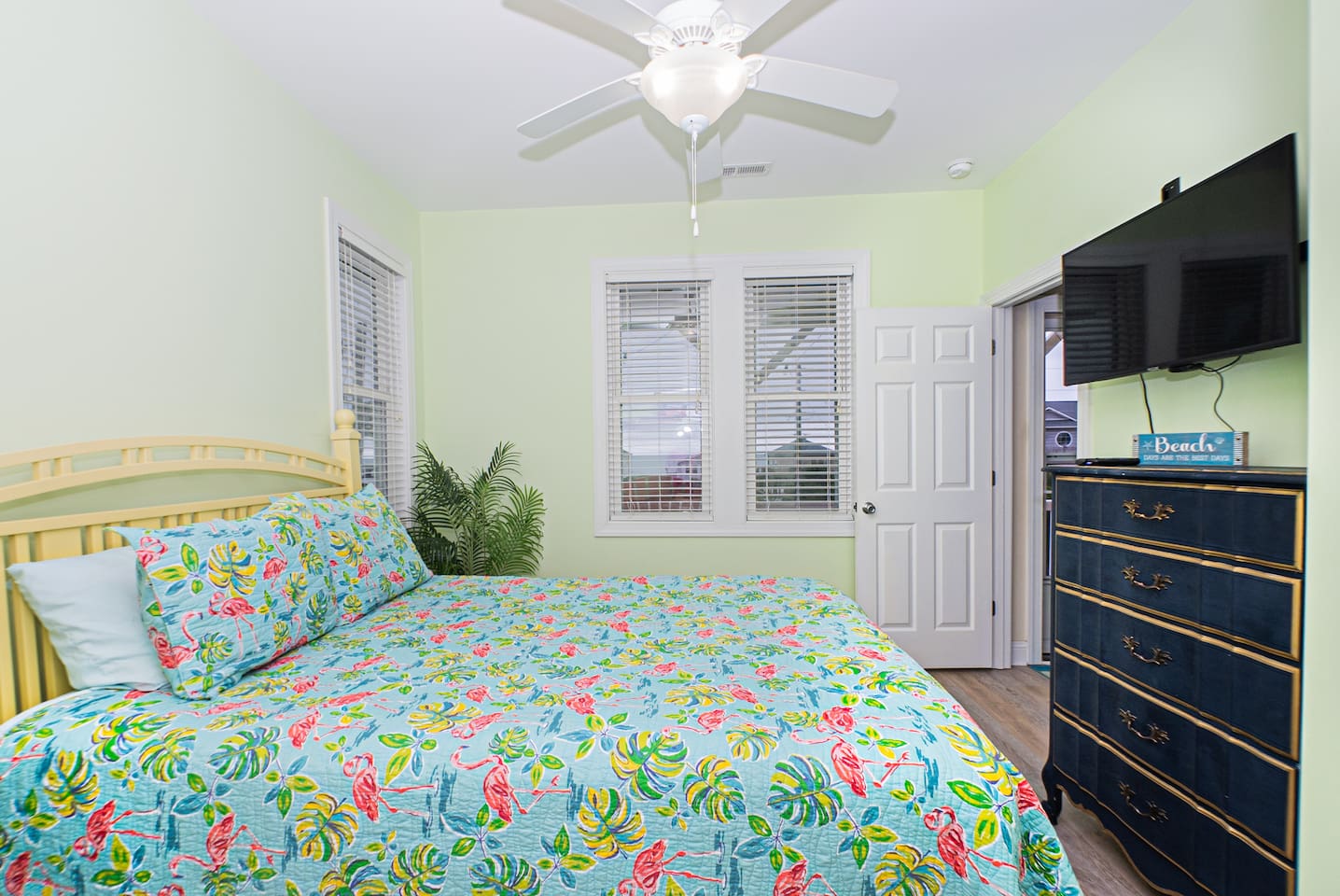 slight ocean views from the upstairs bedroom windows. Queen room upstairs. Balcony door is right outside bedroom door.
All linens and towels provided. Extra Pillows and blankets.
There is a pack n play stored in this closet too.