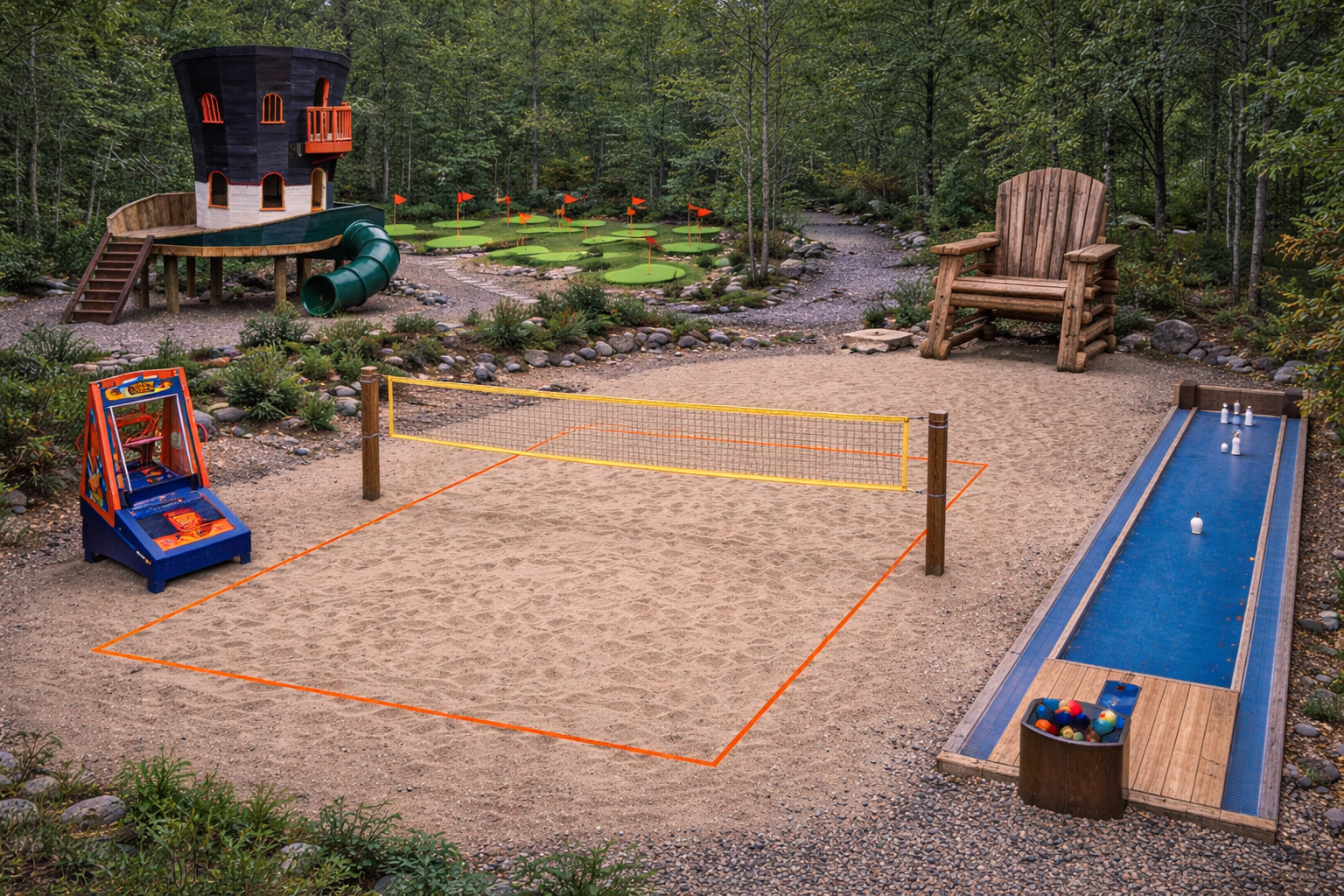 A glimpse of the sand volleyball court and giant squatch chair