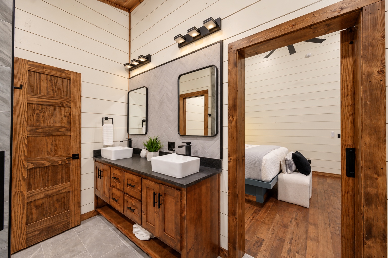 Ease into your morning with warm wood accents and space to get ready.