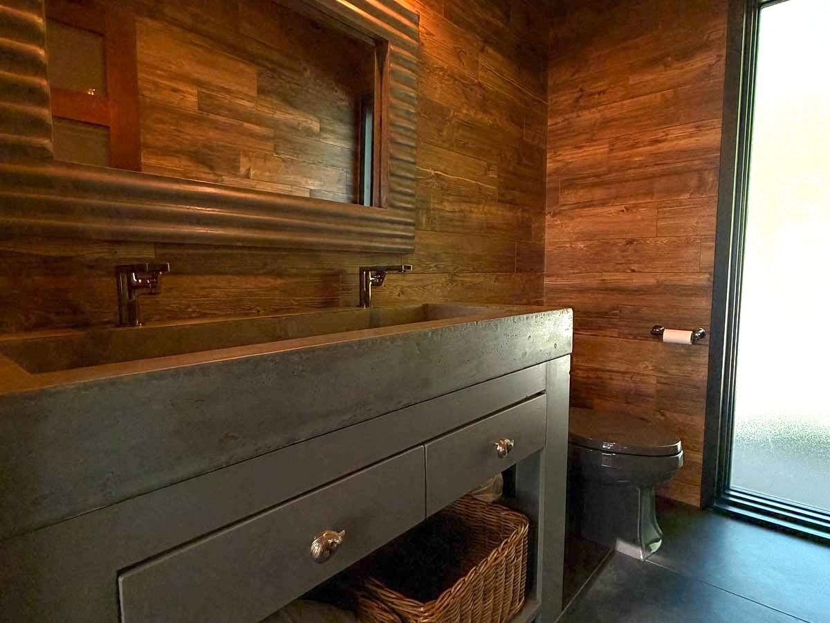 Spa suite hall and powder room at Sunset Falls &mdash; cedar-lined, Berkshires