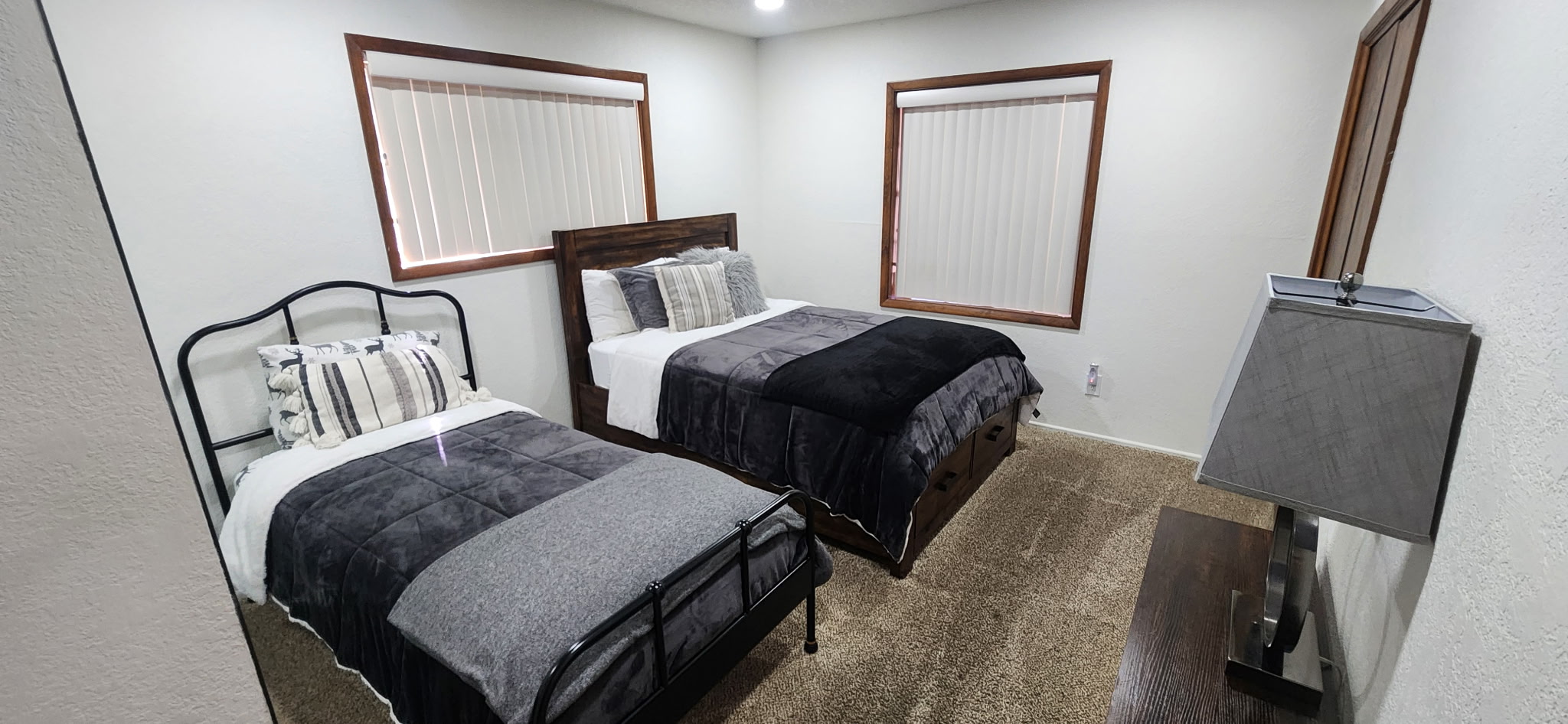 Bedroom 2 has one double bed and one twin bed.