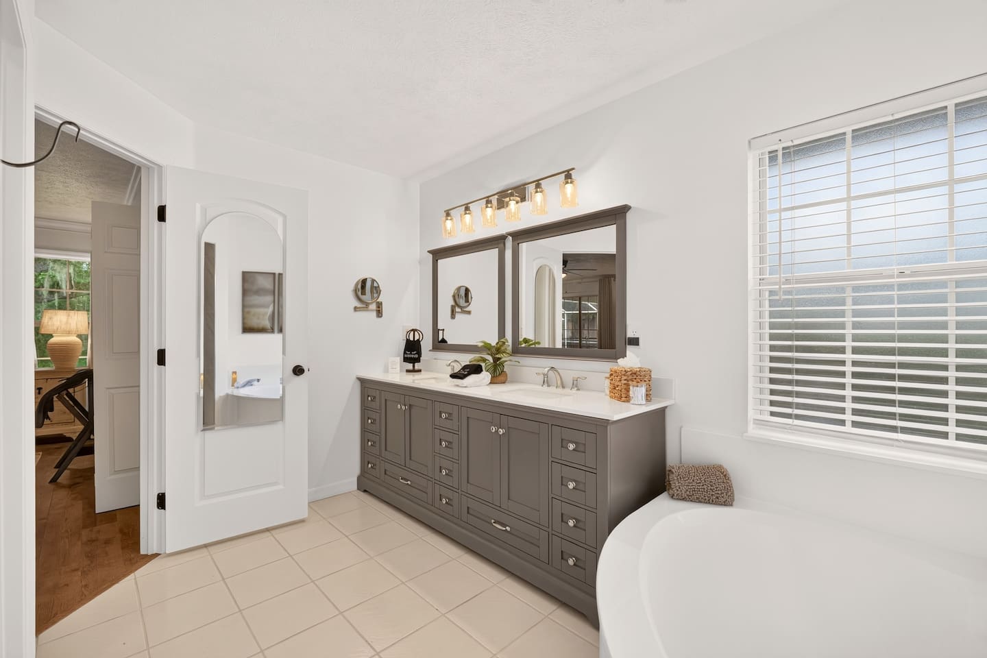 A full length mirror and magnified makeup mirror are provided for you.