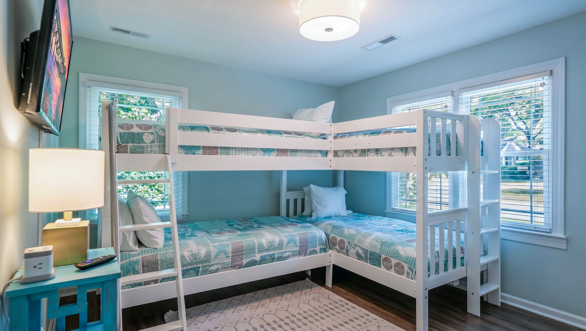 Bunk Bedroom 4 has a set of two bunk beds for a fun kid's bedroom!  Updated beach bedding for a fun retreat! | IOP Escapes Beach Blessing | 3705 Hartnett Blvd, Isle of Palms, SC