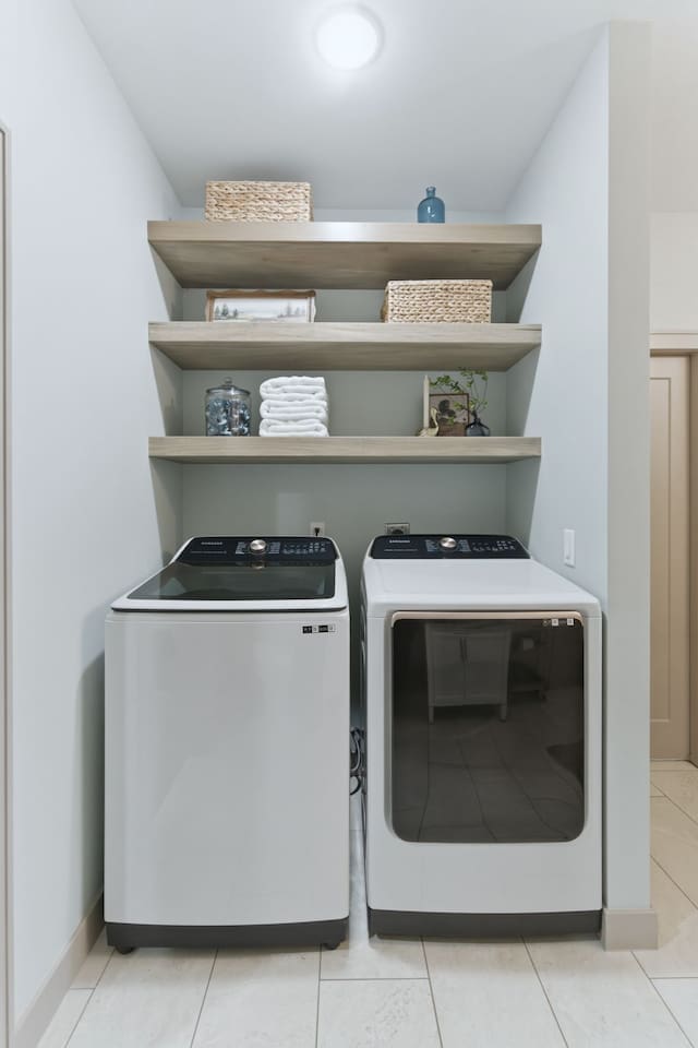 In-unit washer and dryer with open shelving for added convenience during your stay