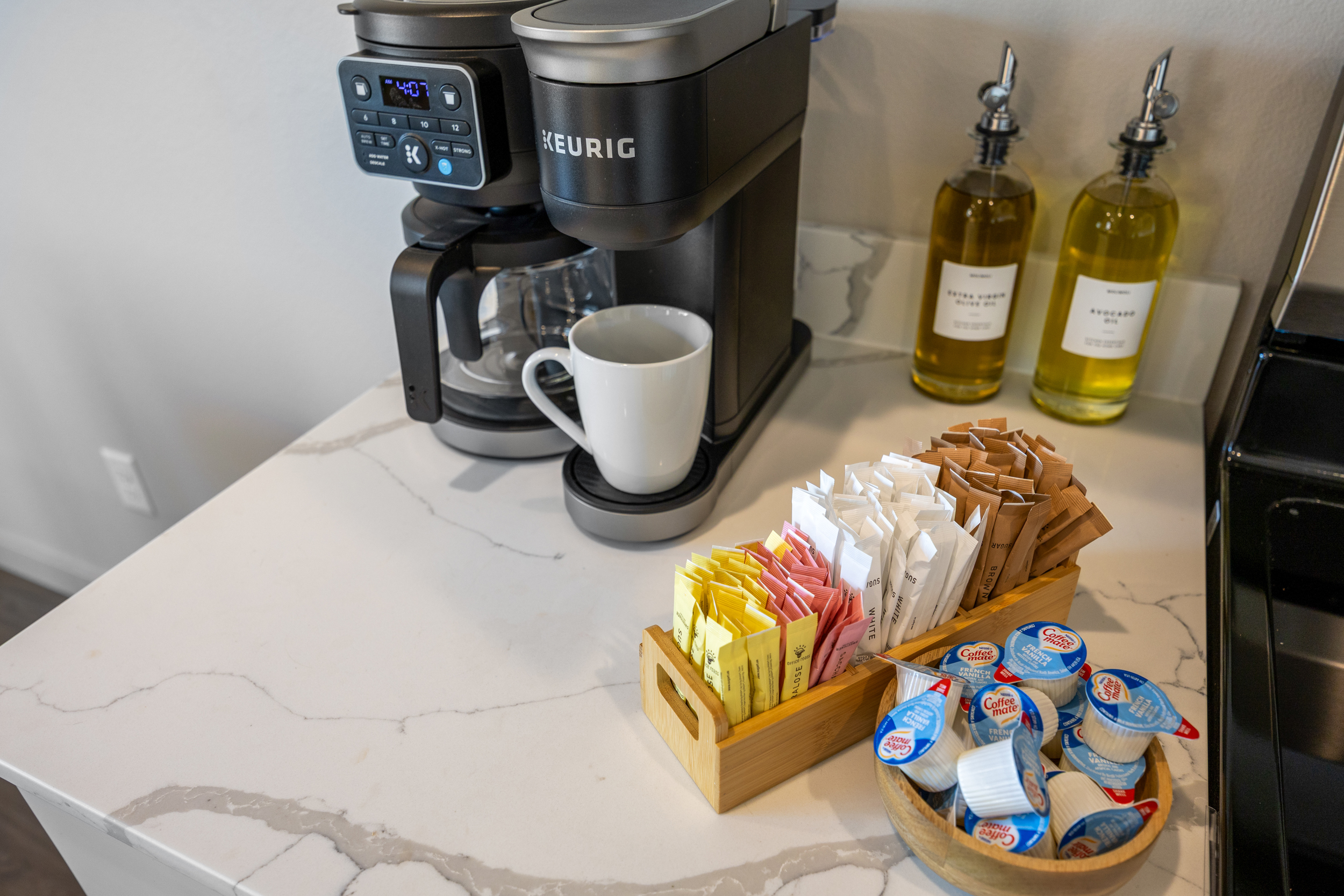 Variety of sugars and french vanilla creamer