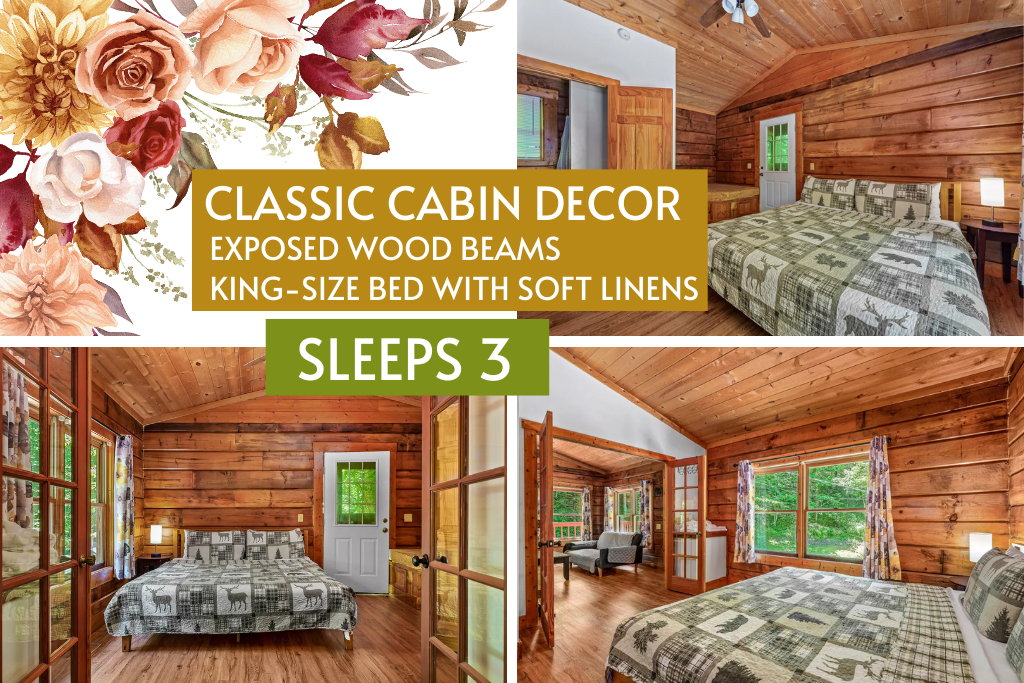 Classic cabin feel, exposed beams, and sleep-perfect bedding.