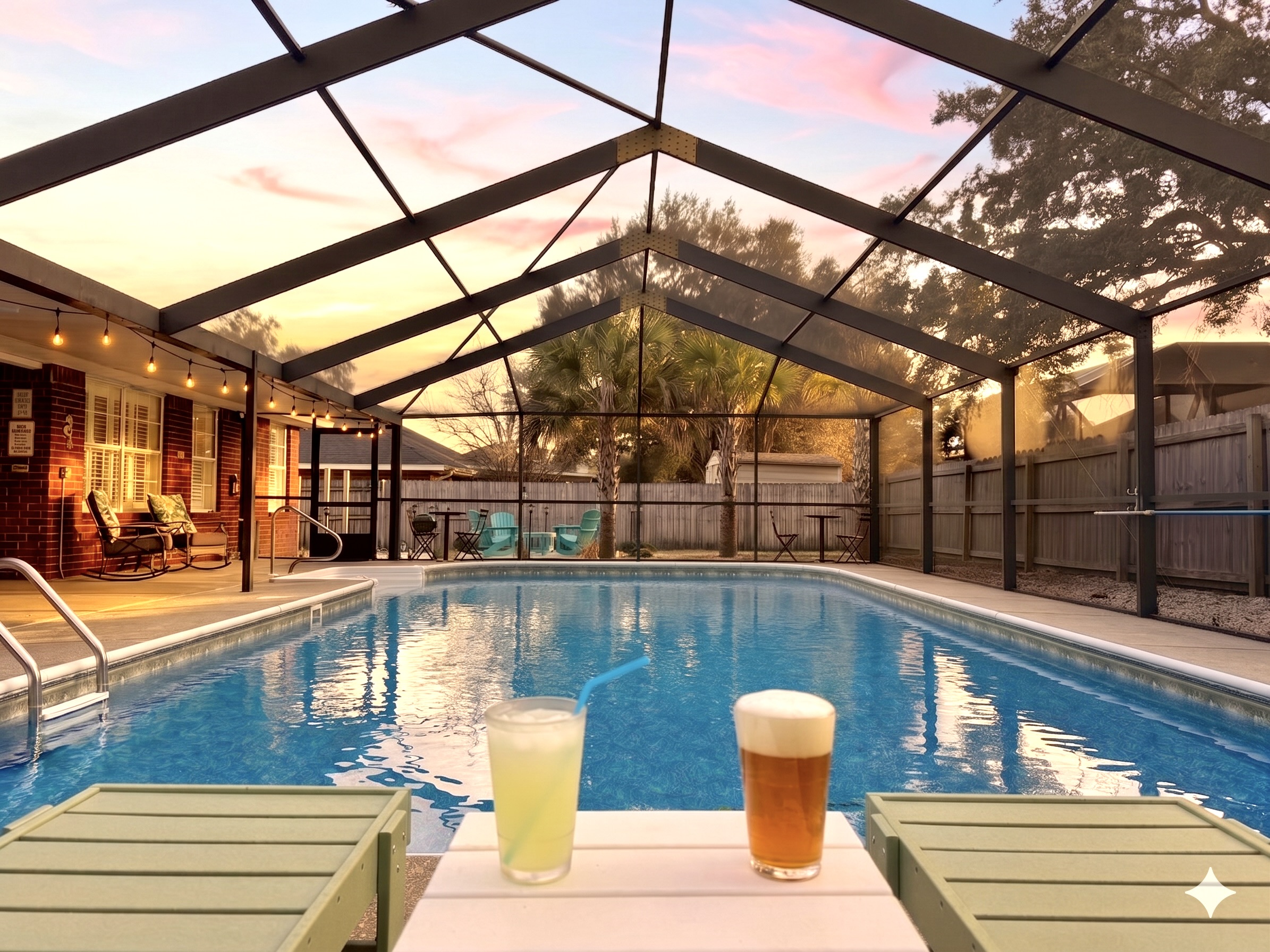 Relax and soak up the sunsets with a cold beverages in Polywood chaise lounges next to the gorgeous, screened-in, and the heated (year round) pool. Cheers!!
