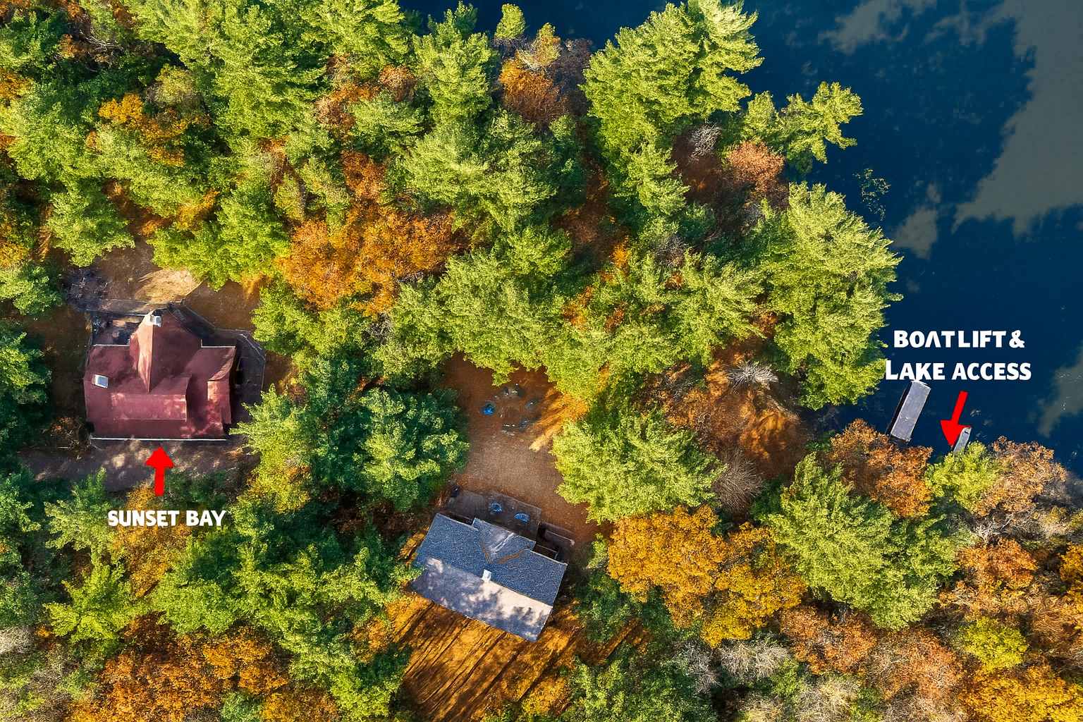 An aerial view of Sunset Bay and its proximity to their boat lift and access to Castle Rock Lake.  Please note the home is situated on the Lake but there is a short walk for the direct access.