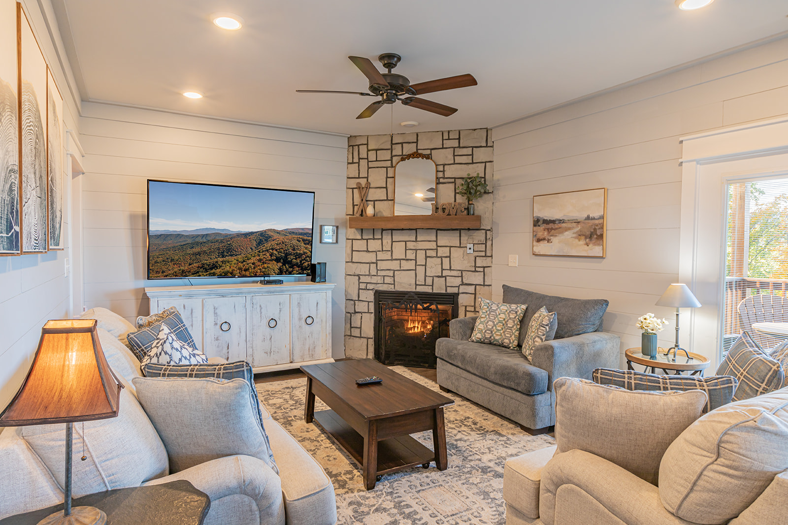 Living Room View with Smart TV and fireplace