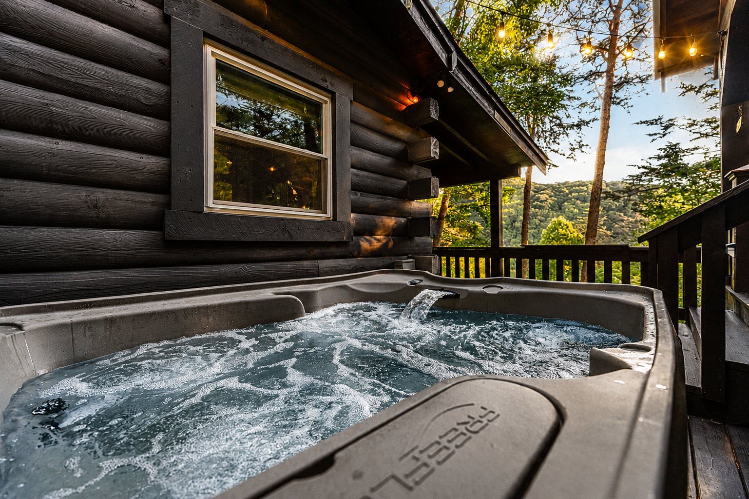 Soak away your cares in the steaming hot tub, just steps from the covered porch.