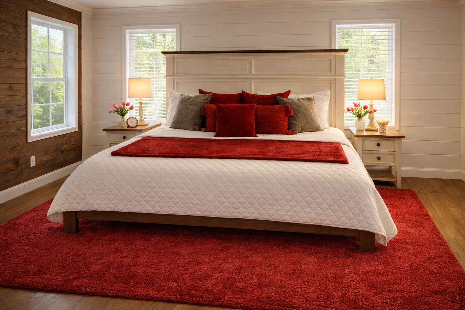 Unwind in style! Bedroom #3 upstairs offers a cozy red ambiance and a picturesque window view.