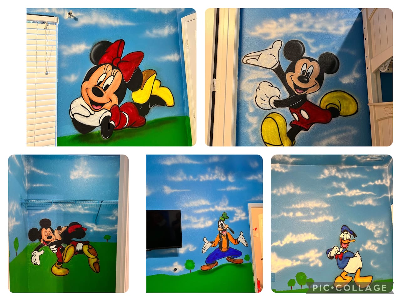 - Disney character mural room featuring Mickey, Minnie, Donald, and Goofy  
- Bright blue sky background creates a fun and immersive themed atmosphere  
- Perfect for kids to enjoy a magical stay filled with color and imagination  