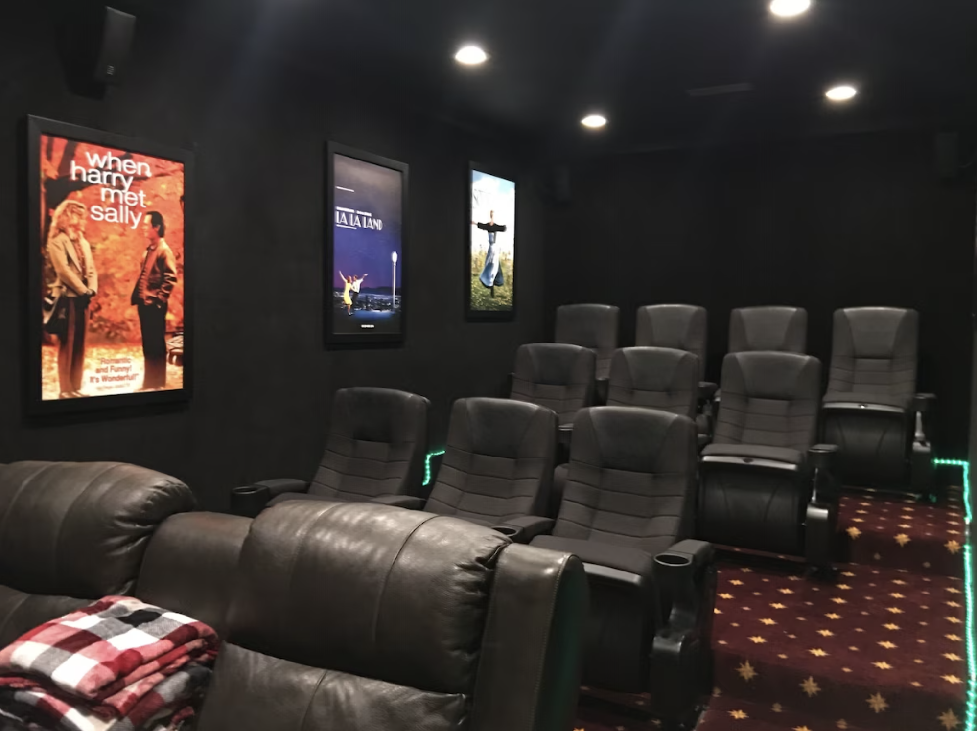 The movie theater room seats 12 in our movie theater style seating.