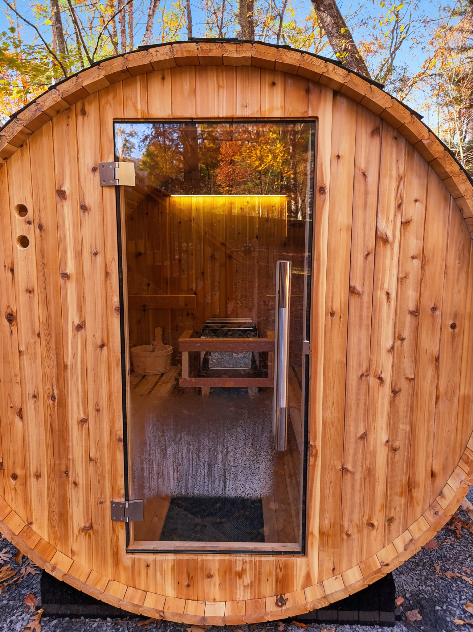Private cedar barrel sauna