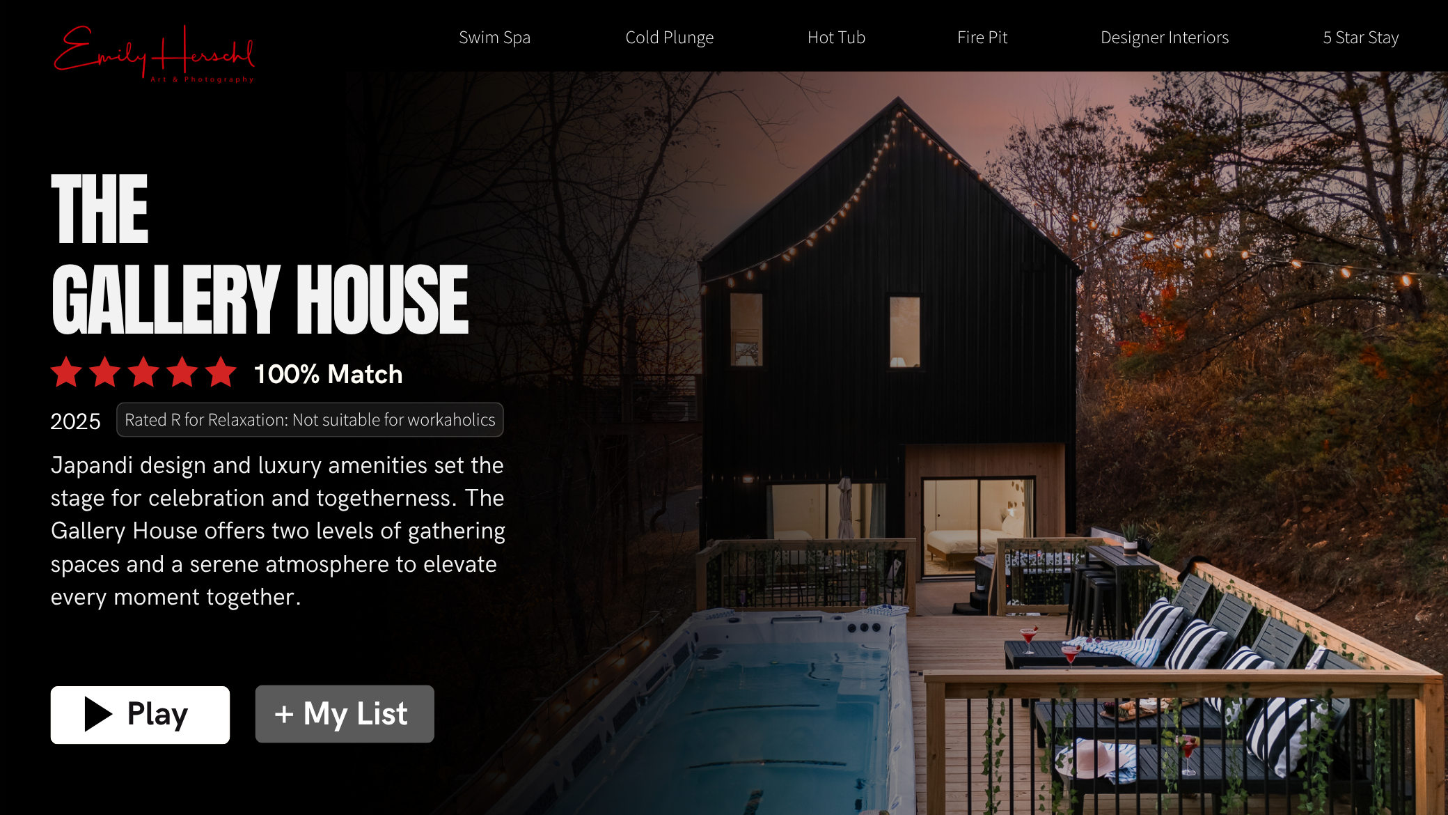 {THE GALLERY HOUSE} Rated R for Relaxation: May cause spontaneous celebrations. Two levels of Japandi-inspired luxury, a 21-ft swim spa, and the perfect backdrop for unforgettable moments.