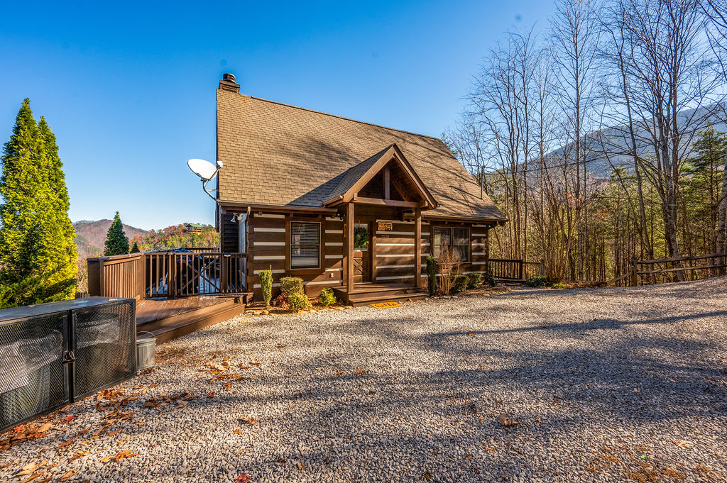 Exterior view of our cute cabin, Firewood shed, trash cage