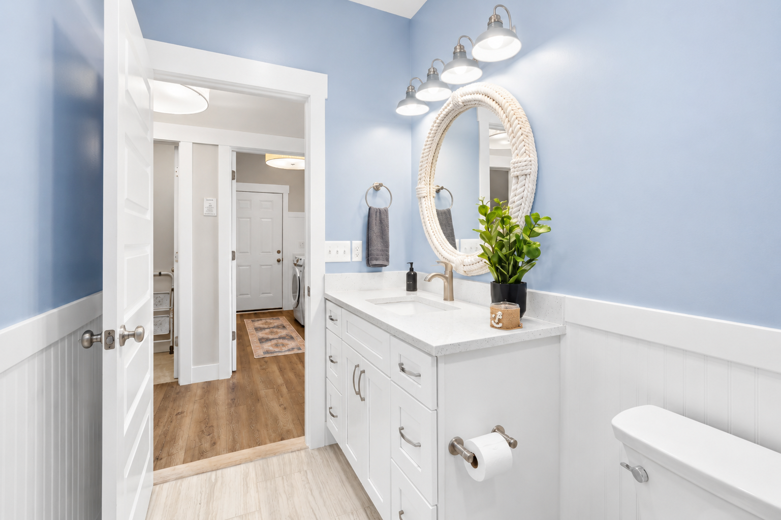 Conveniently located on the first floor, this full bathroom offers easy access from the living spaces and nearby bedroom—perfect for guests and families alike.