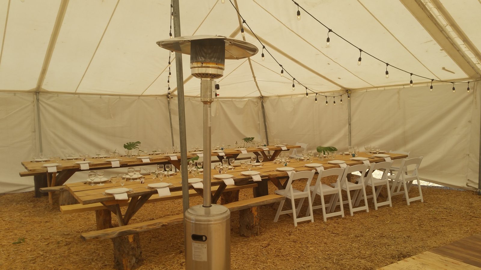 Inside the reception tent set for dinner at Casa Vista