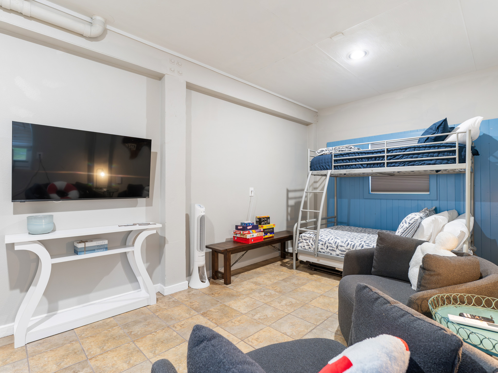 Downstairs bunk room. Perfect for kids hangout. With Twin over Full bunk bed.