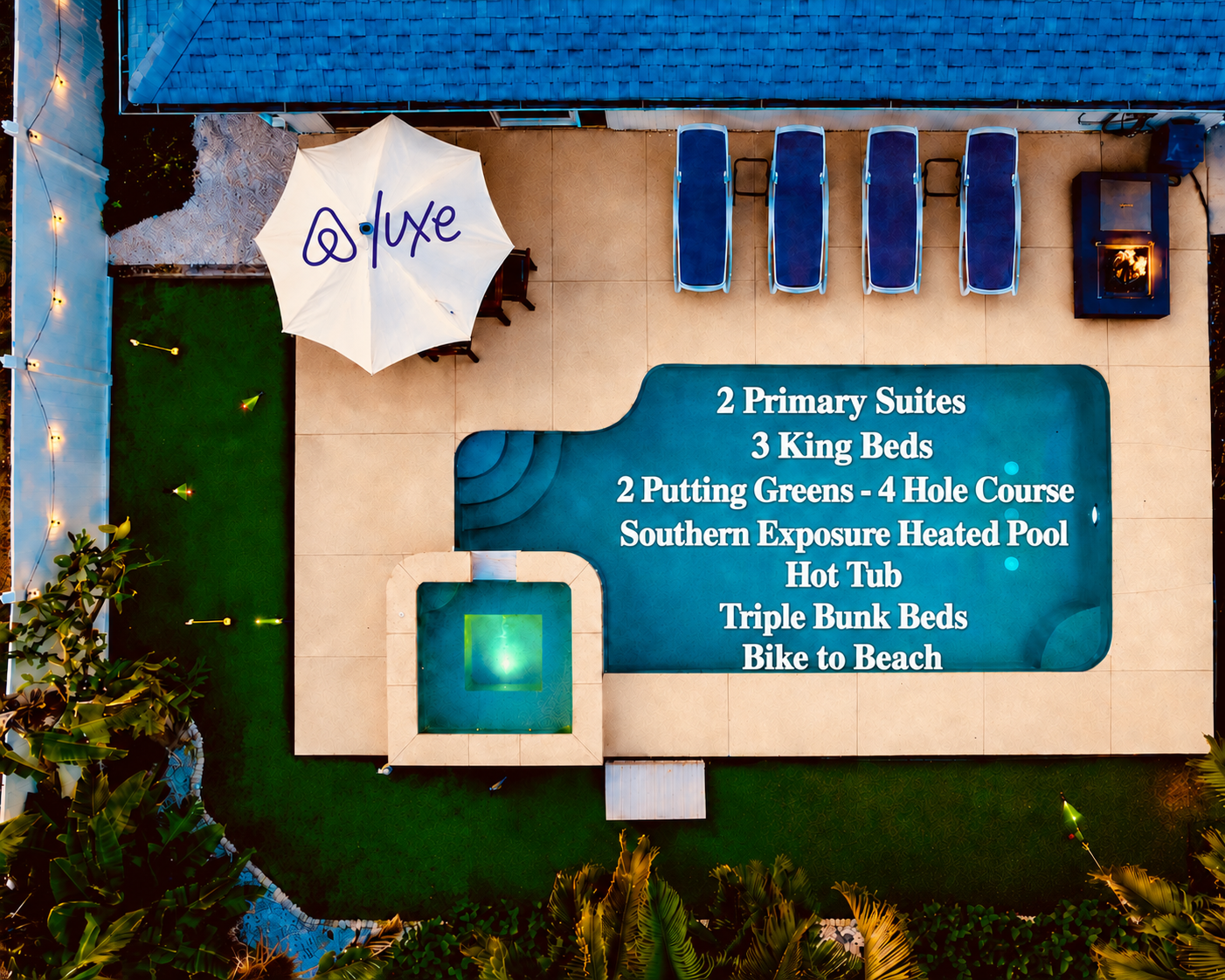 Enjoy the private backyard in this Airbnb Luxe home. It has everything for you and the family to enjoy and just minutes to the beach.