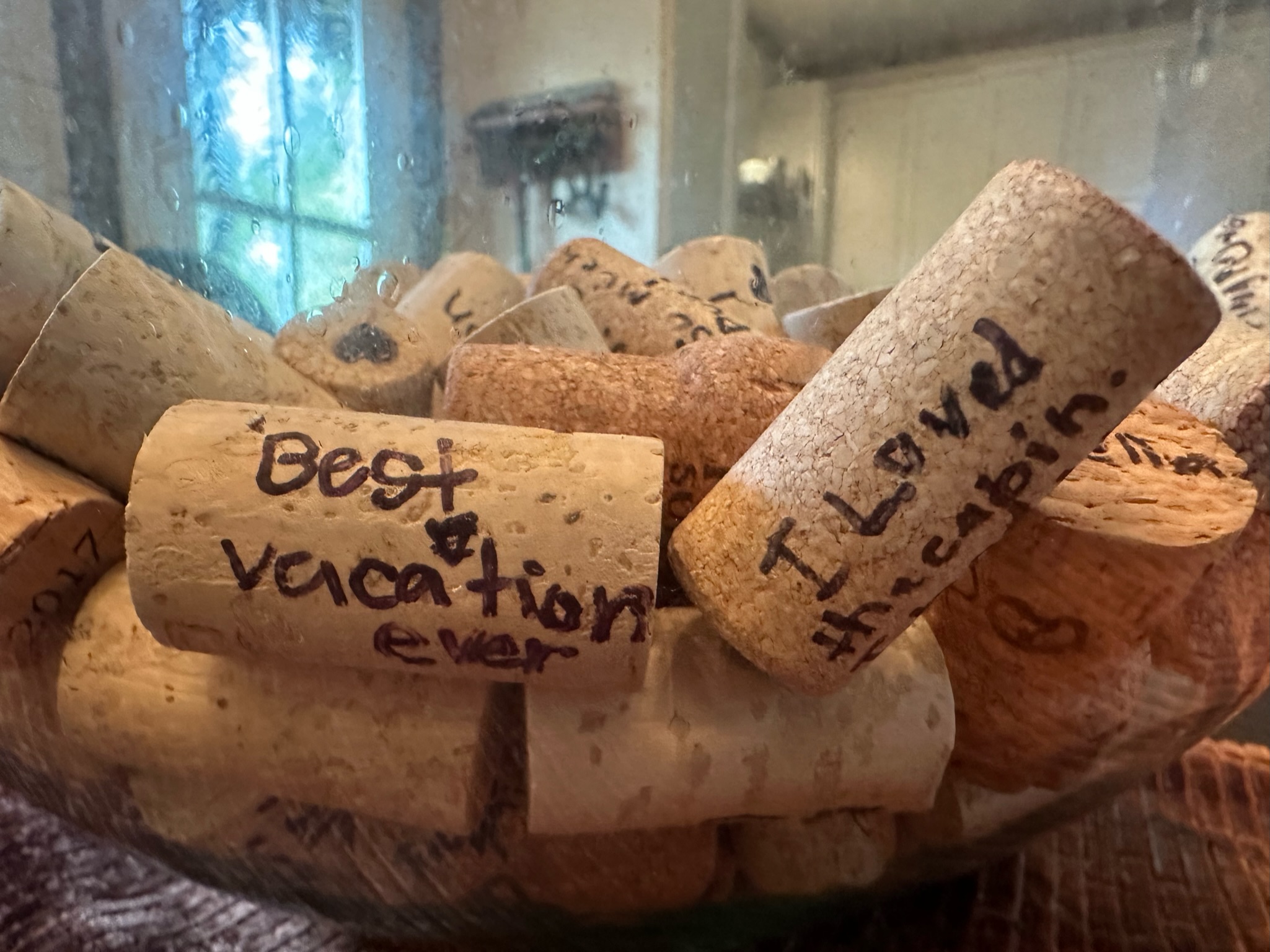 Our “guest book”. Write a little something on a cork and drop it in the bottle!