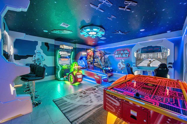 Game Room - Air Hockey - Fast And Furious Driving Arcade - Ice Ball - MVP Basketball (All Arcade Games Are FREE To Play!) - 65" TV With Xbox Series X And PlayStation 5