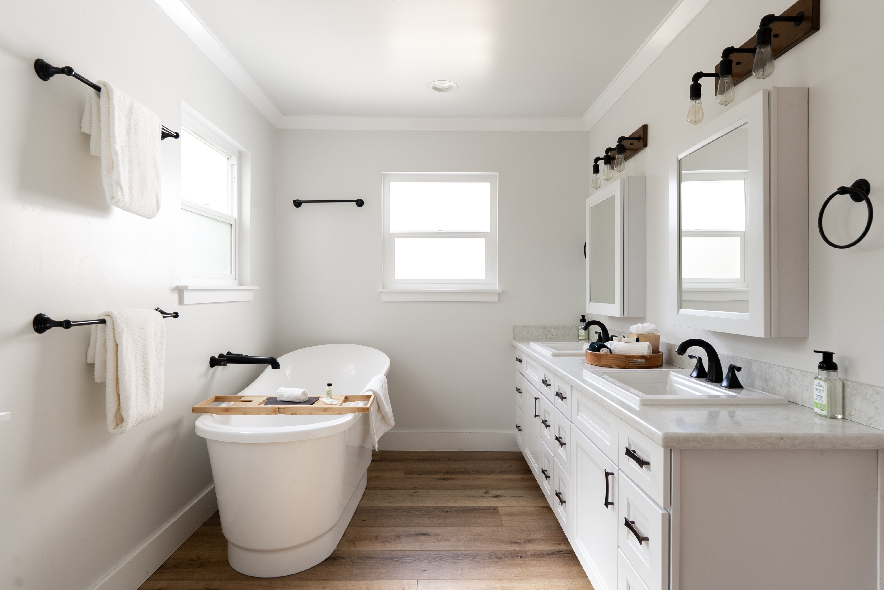 A sleek, airy sanctuary designed for a stress-free morning routine.