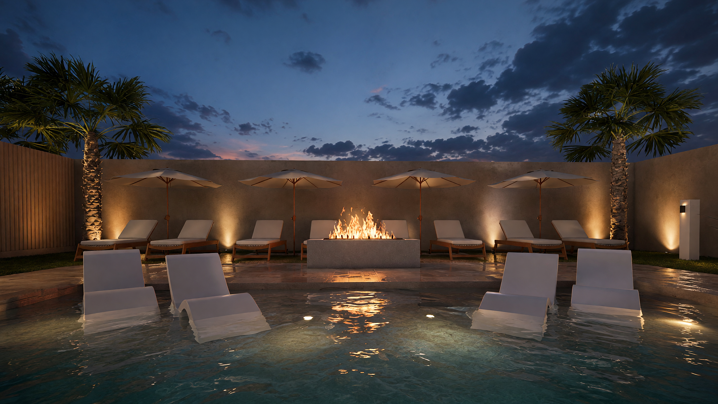 Pool loungers, Tanning Ledge and umbrellas | Rendering