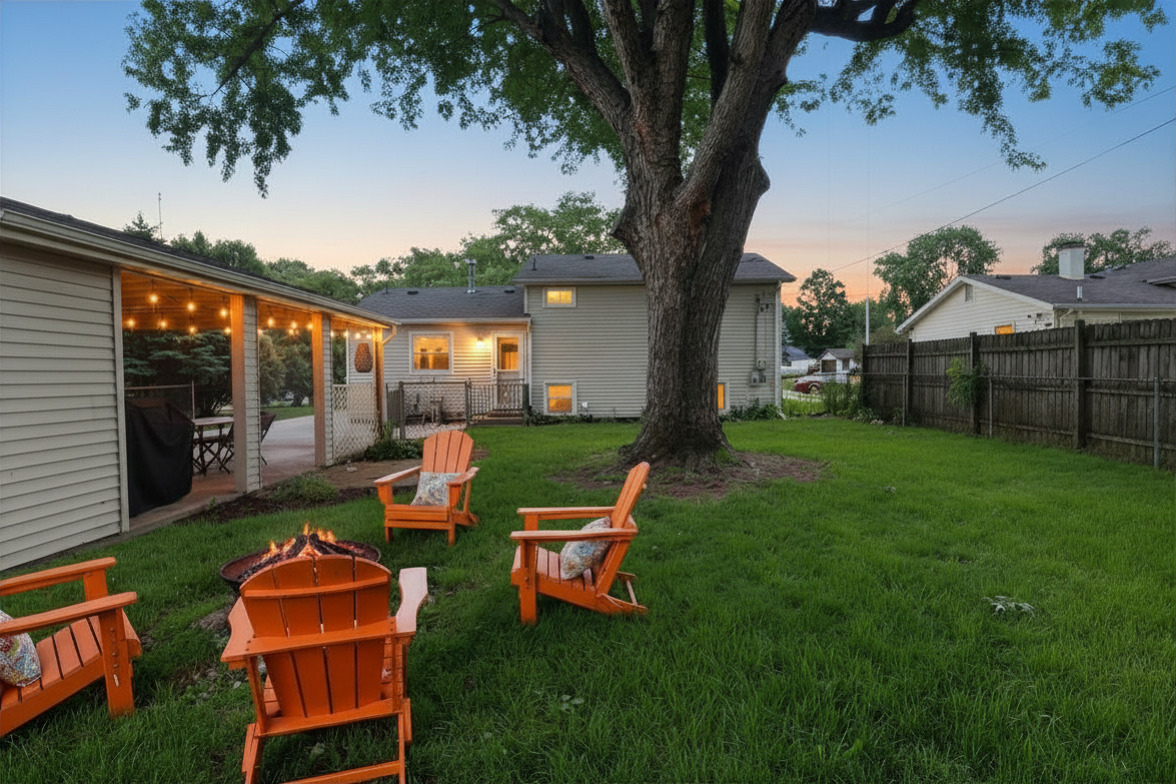 End the day around the fire pit under glowing café lights and mature shade trees.