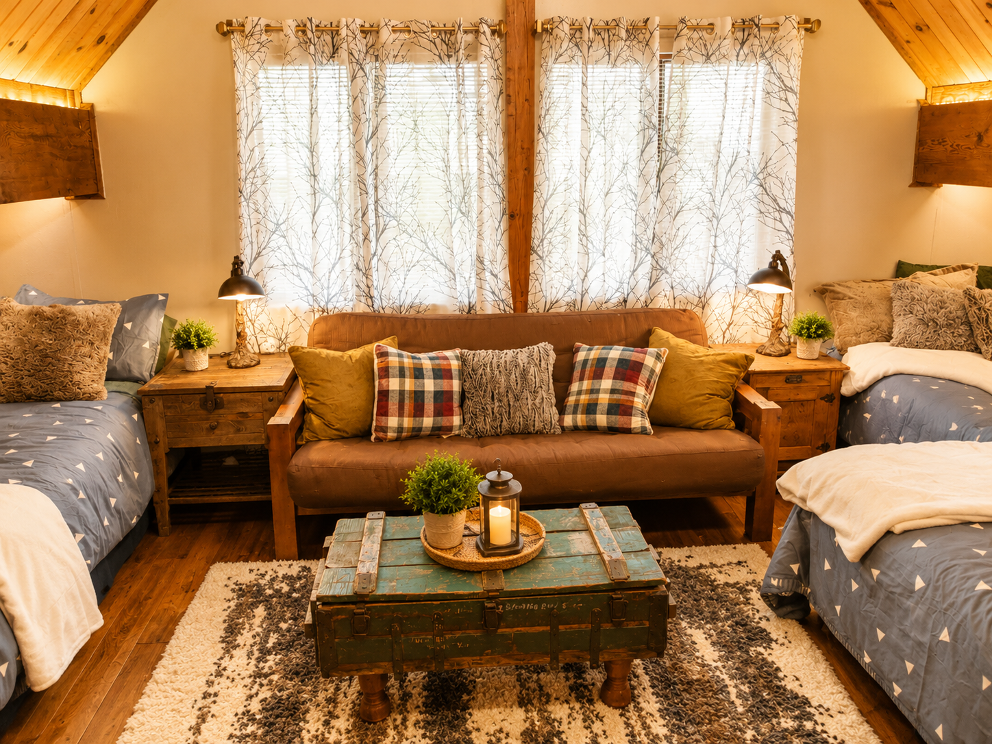 Our Upstairs loft area is both a sleeping area and a second hang out spot.  There are 4 beds (3 twin & one full) and the couch folds down into a queen size sleeper futon.  There is also a tv in the loft.  It is an open loft area (half walls only). 