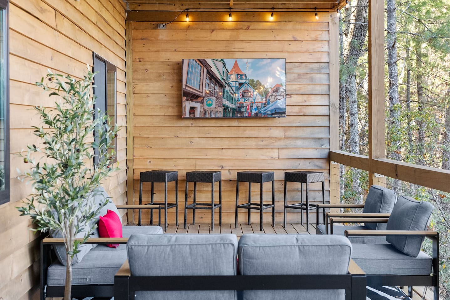 Spacious seating area and an outdoor TV.