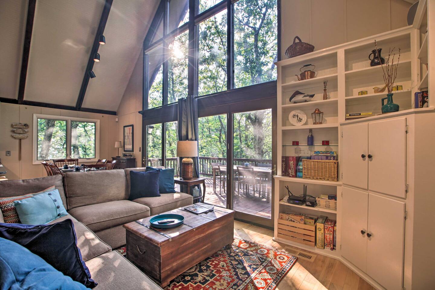 Natural light illuminates this airy space, with vaulted ceilings.