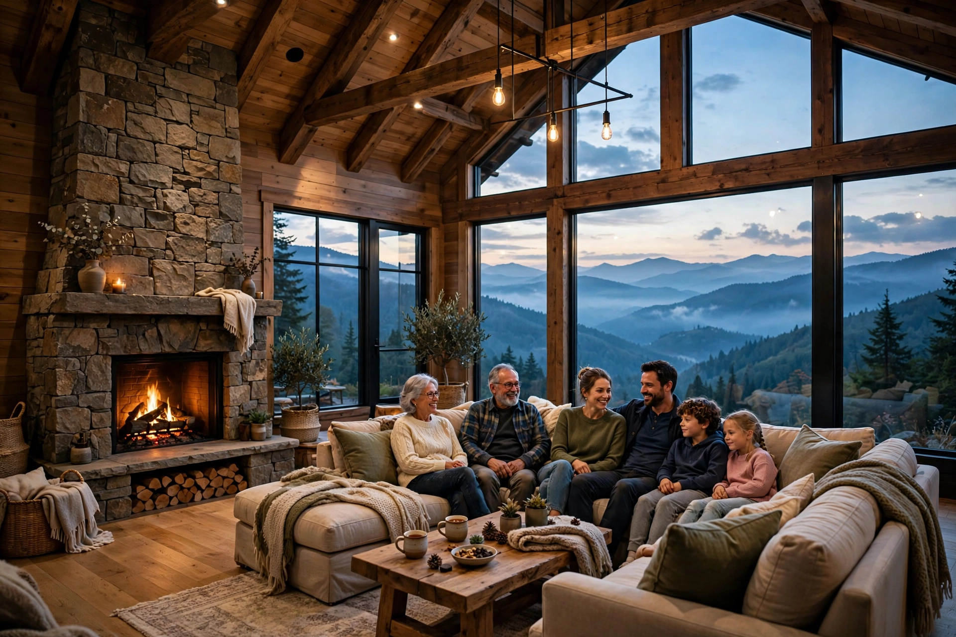 Illustration: three generations relaxing together in the great room of a luxury Smoky Mountain cabin