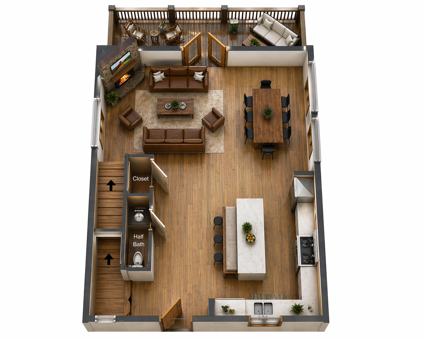 3D floorplan rendering of the main floor. Furnishings and furniture placement are not an exact depiction.