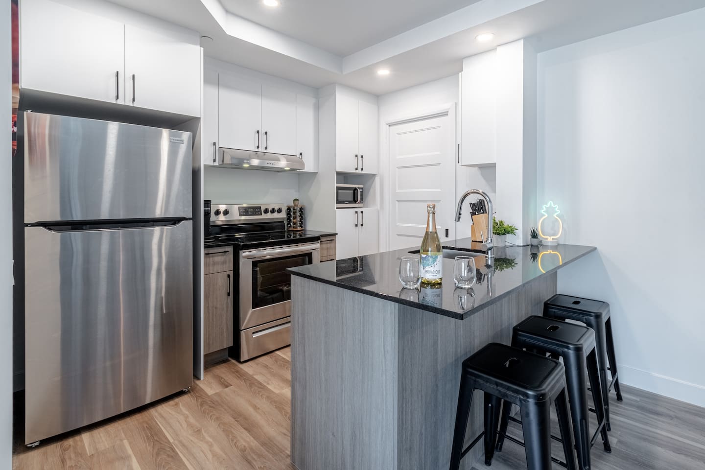 Well-stocked kitchen essentials for your convenience.