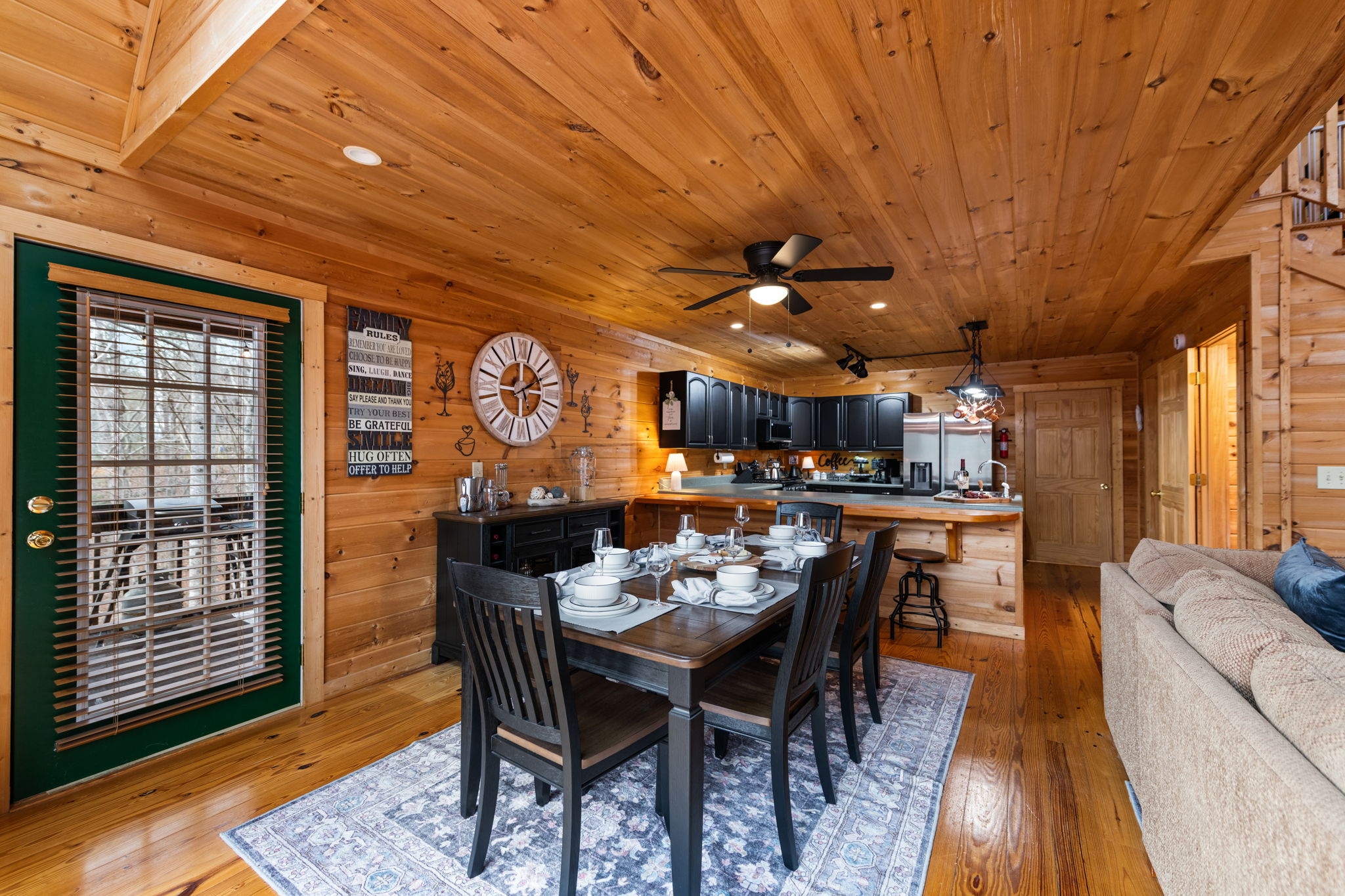 The dining area offers a beautifully designed space that comfortably seats up to six guests.