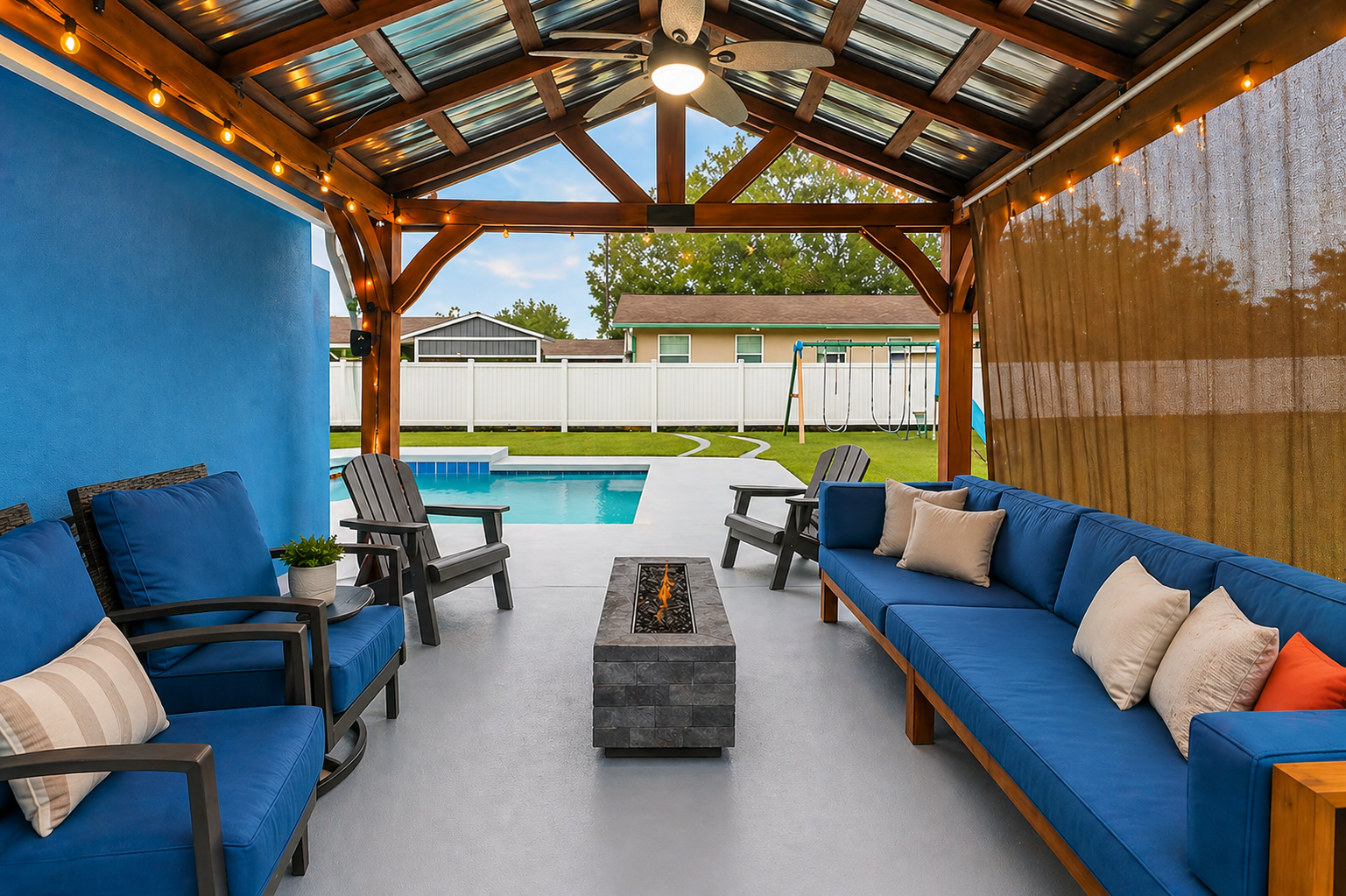backyard with firepit and covered Lanai