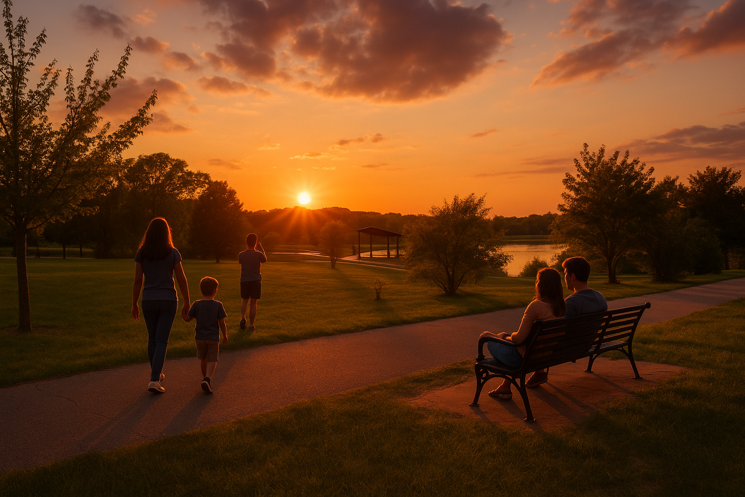 Enjoy a sunset stroll through the park as the sky glows with color. Watch families unwind, kids play, and neighbors connect.