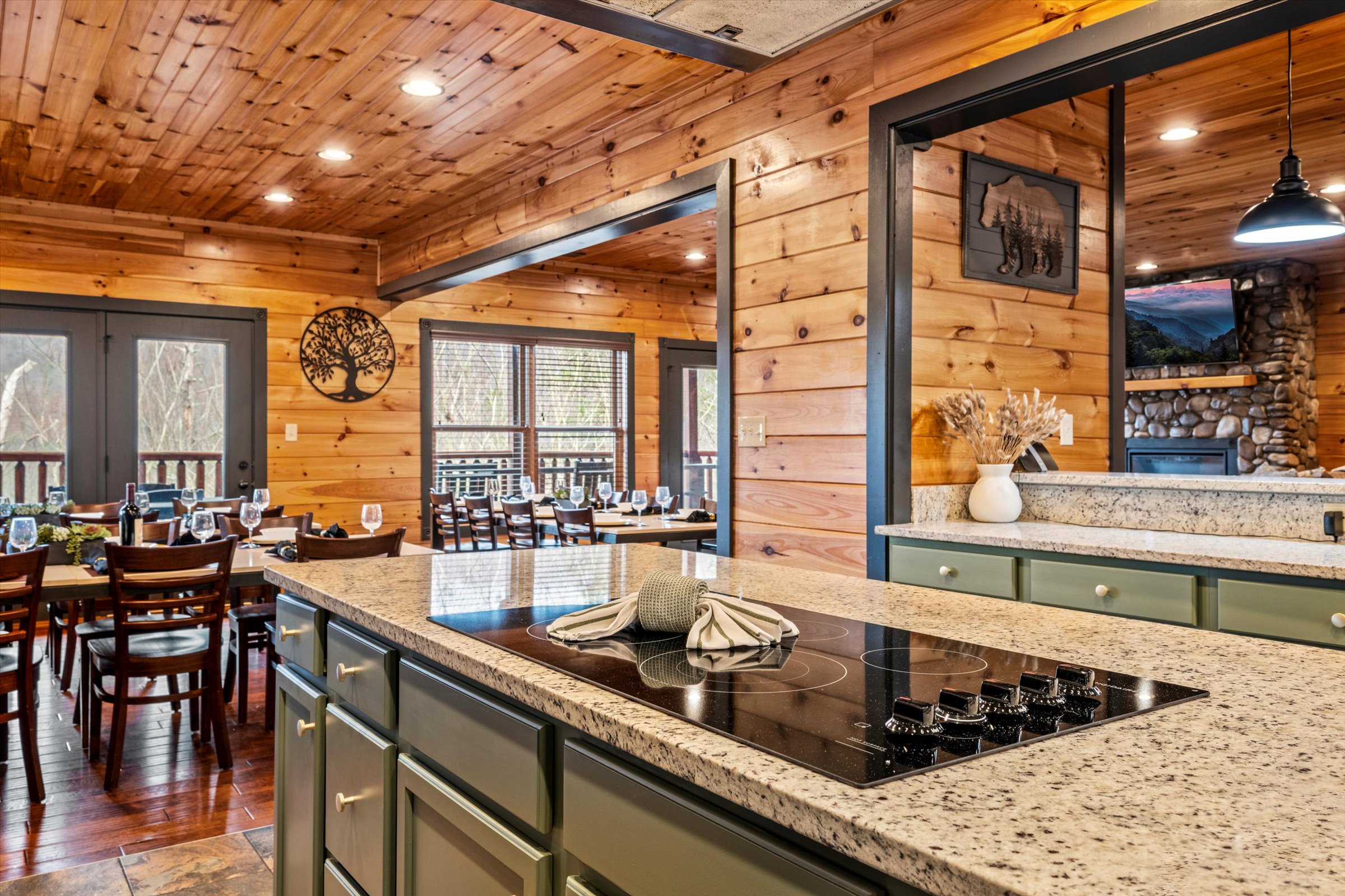 The kitchen has an electric cooktop