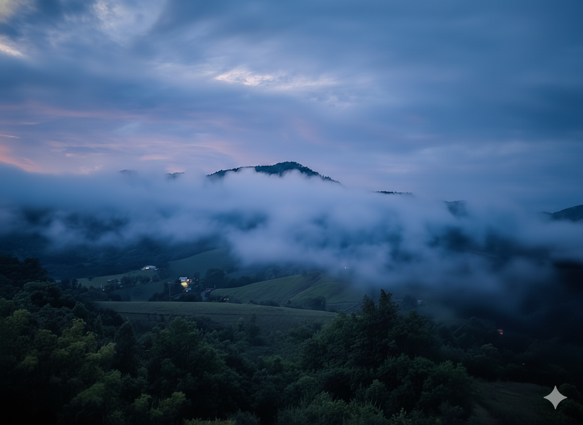 Breathtaking Views: Discover serene mountain vistas shrouded in mist at twilight!