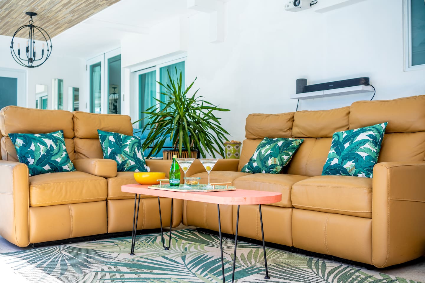 Italian leather couches on your patio?! IWe know it doesn't fit. It's a long story. Suffice it to say that we have embraced them here. They are comfy, and awesome for outdoor movie nights! Recline back and relax:)